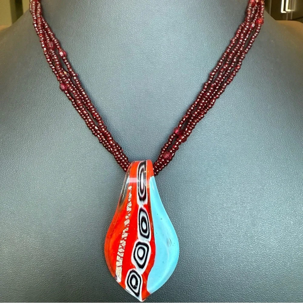 Multi Strand Red Seed Bead Necklace & Dichroic Art Glass Pendant - adjustable - Picture 1 of 7